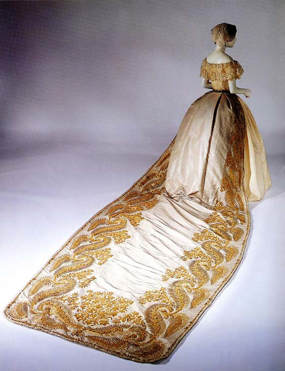 Court train, silk, metallic thread, British 