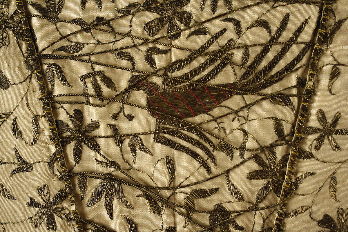 Stomacher, silk, metal, linen, horn, cane (probably), British