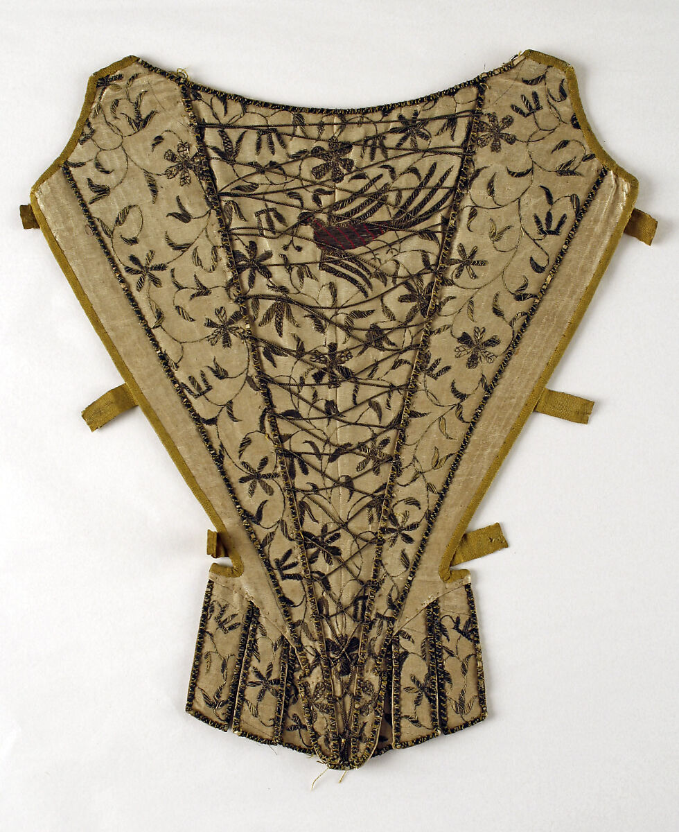 Stomacher, silk, metal, linen, horn, cane (probably), British 