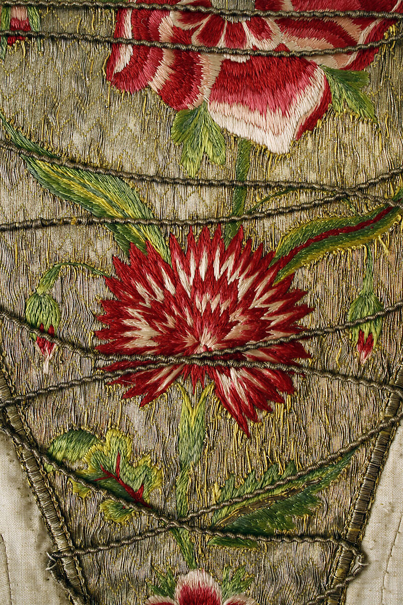 Stomacher, metal, silk, flax, British