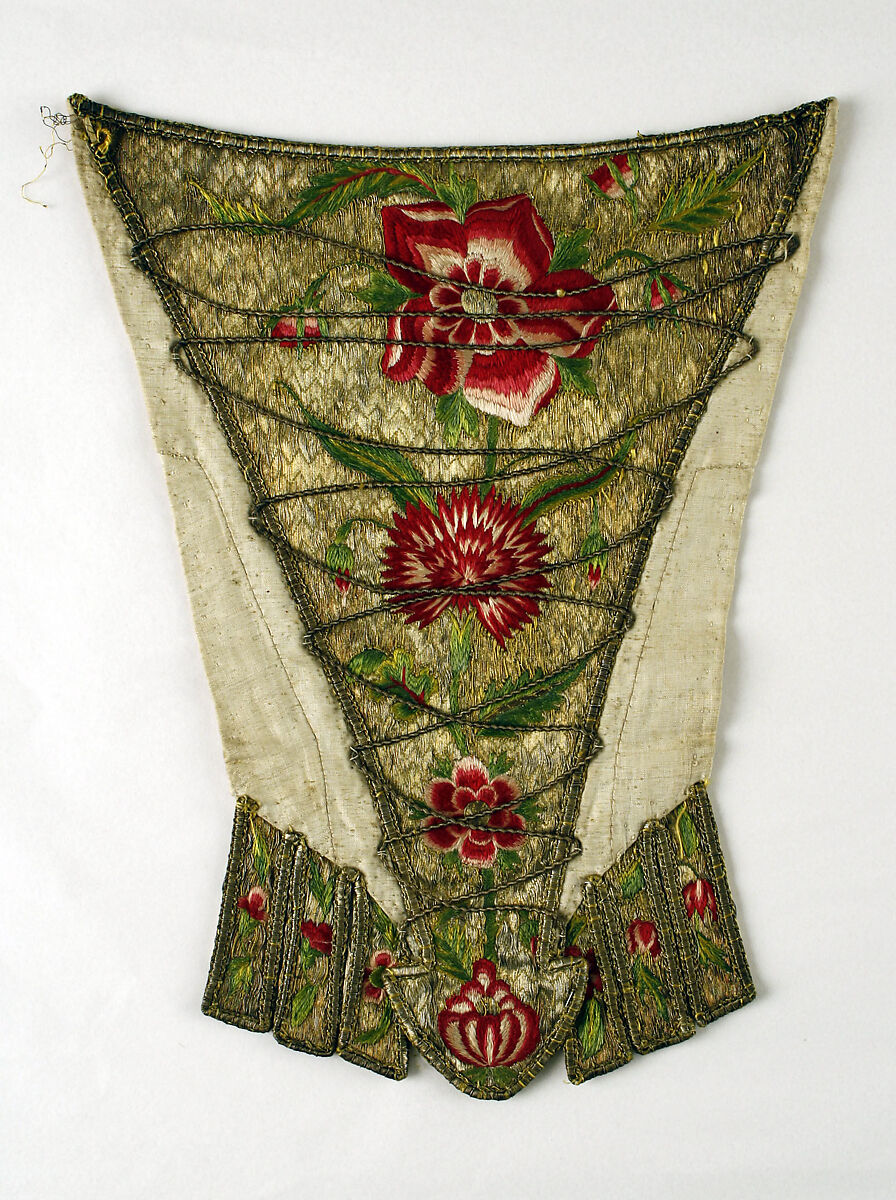 Stomacher, metal, silk, flax, British 