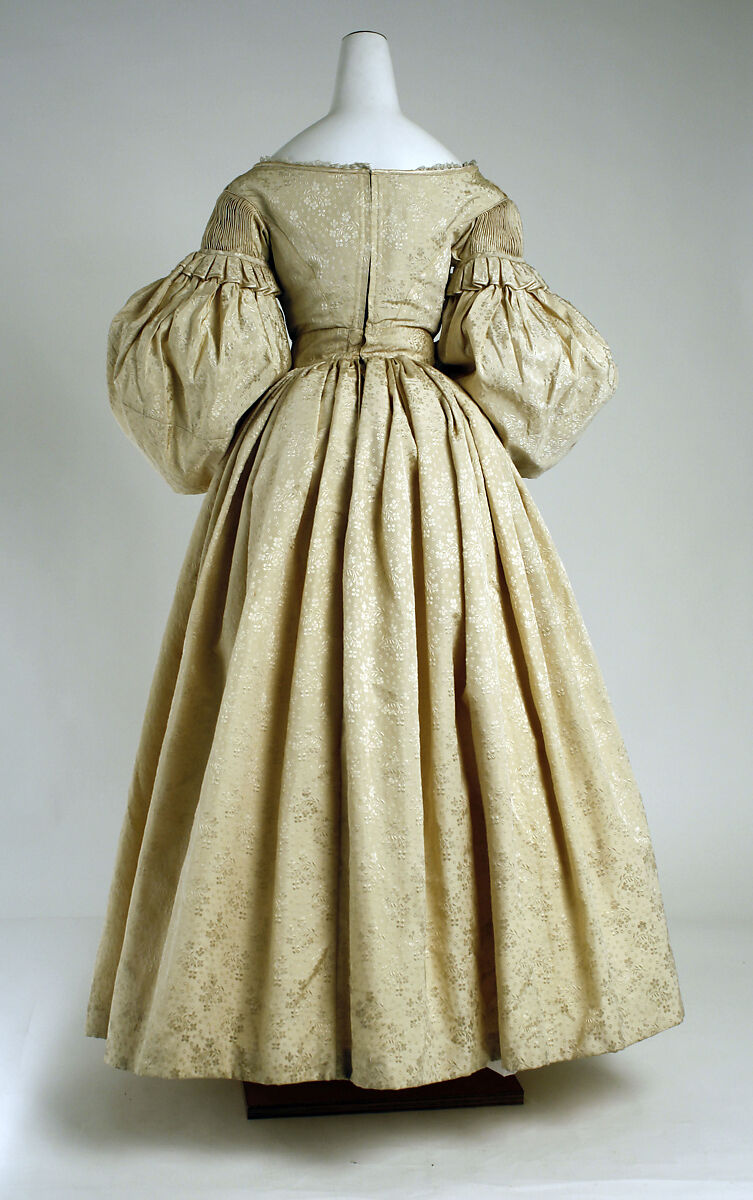 Evening dress, silk, wool, cotton, British