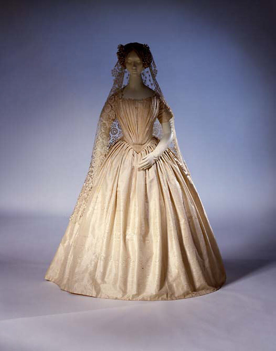 Wedding dress, silk, cotton, probably French 