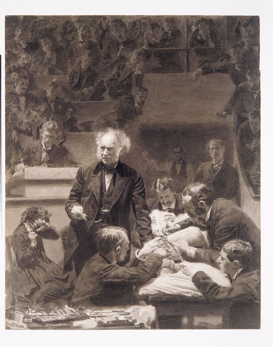 The Gross Clinic, Thomas Eakins (American, Philadelphia, Pennsylvania 1844–1916 Philadelphia, Pennsylvania), India ink and watercolor on cardboard, American