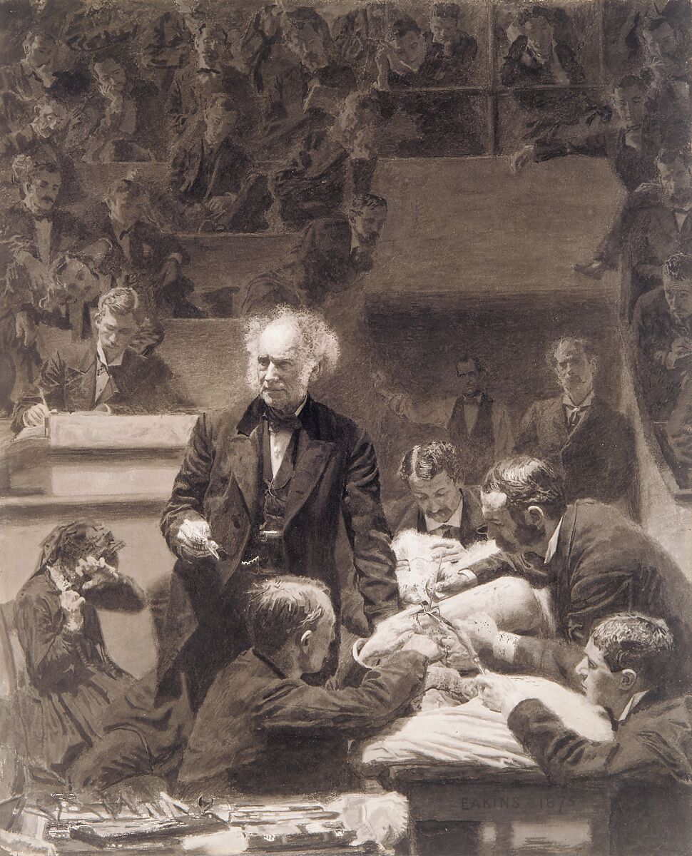 The Gross Clinic, Thomas Eakins (American, Philadelphia, Pennsylvania 1844–1916 Philadelphia, Pennsylvania), India ink and watercolor on cardboard, American