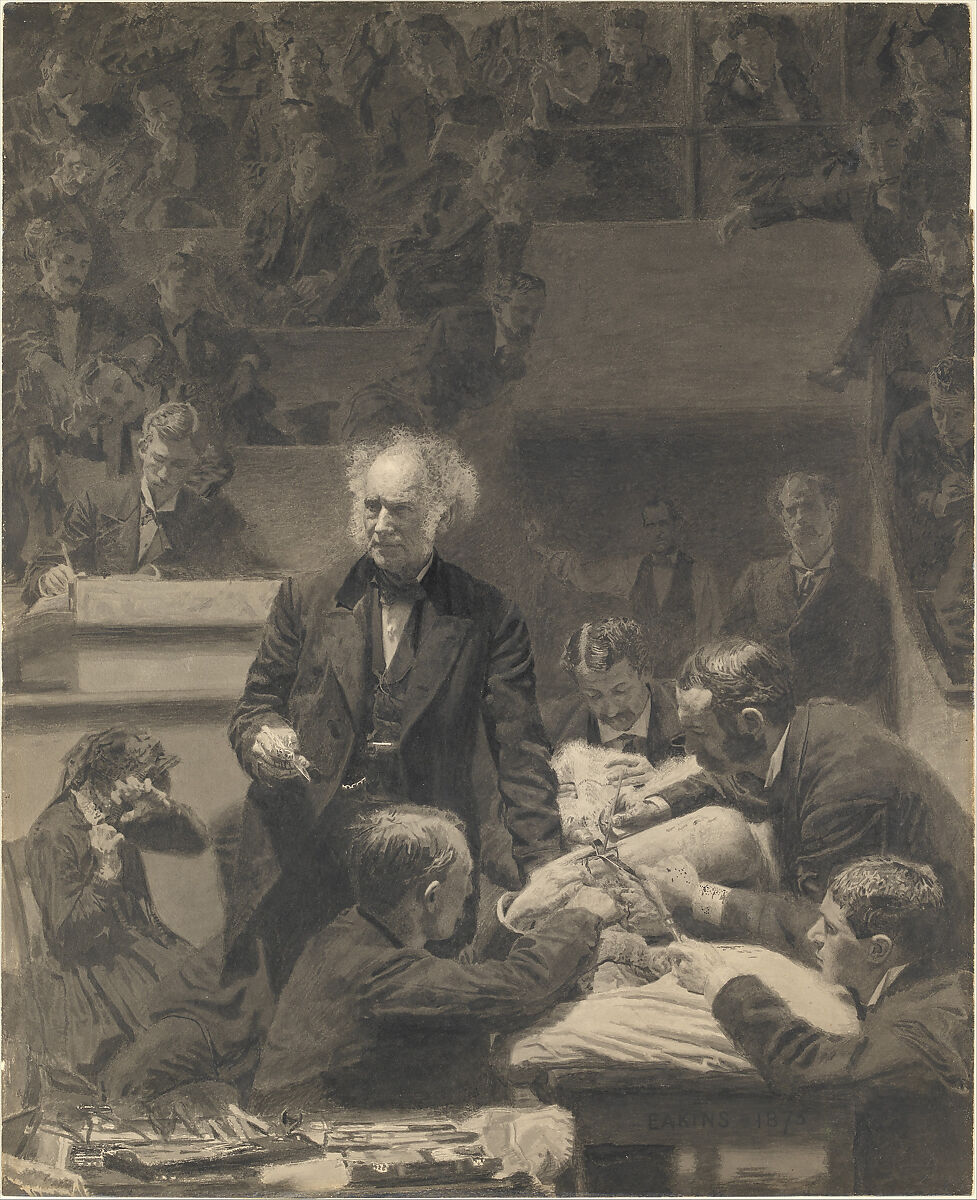 The Gross Clinic, Thomas Eakins (American, Philadelphia, Pennsylvania 1844–1916 Philadelphia, Pennsylvania), India ink and watercolor on cardboard, American 