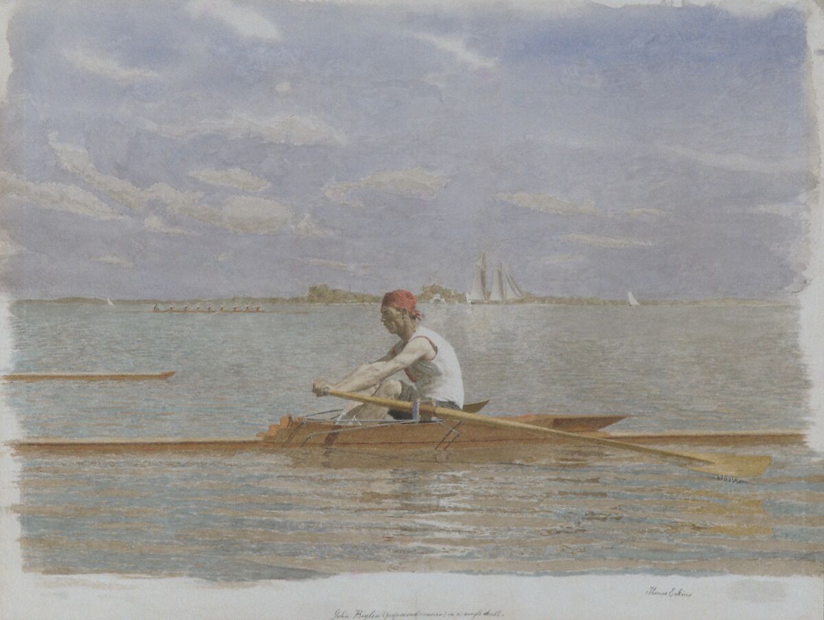 John Biglin in a Single Scull, Thomas Eakins (American, Philadelphia, Pennsylvania 1844–1916 Philadelphia, Pennsylvania), Watercolor on off-white wove paper, American