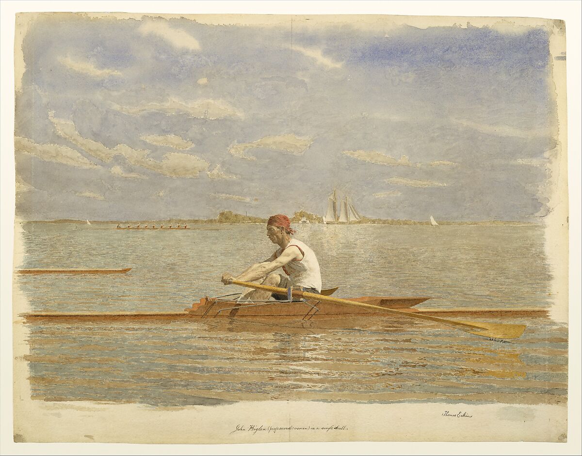 John Biglin in a Single Scull, Thomas Eakins  American, Watercolor on off-white wove paper, American