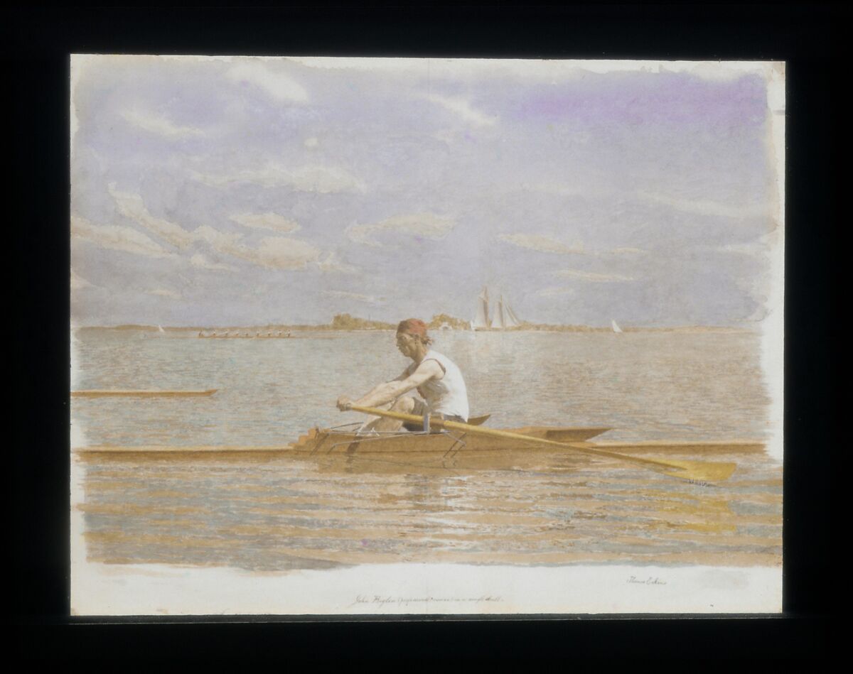 John Biglin in a Single Scull, Thomas Eakins (American, Philadelphia, Pennsylvania 1844–1916 Philadelphia, Pennsylvania), Watercolor on off-white wove paper, American