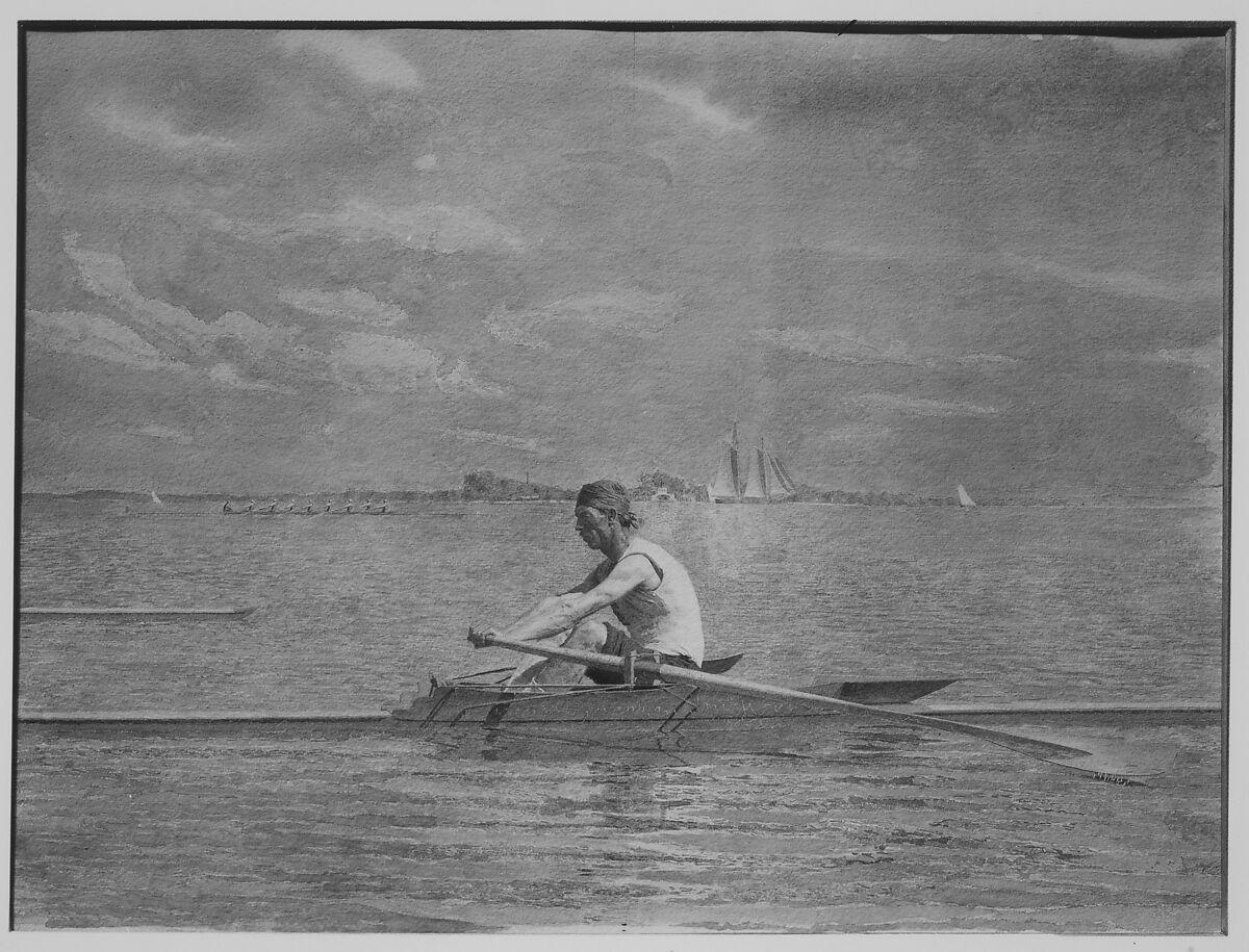 John Biglin in a Single Scull, Thomas Eakins (American, Philadelphia, Pennsylvania 1844–1916 Philadelphia, Pennsylvania), Watercolor on off-white wove paper, American