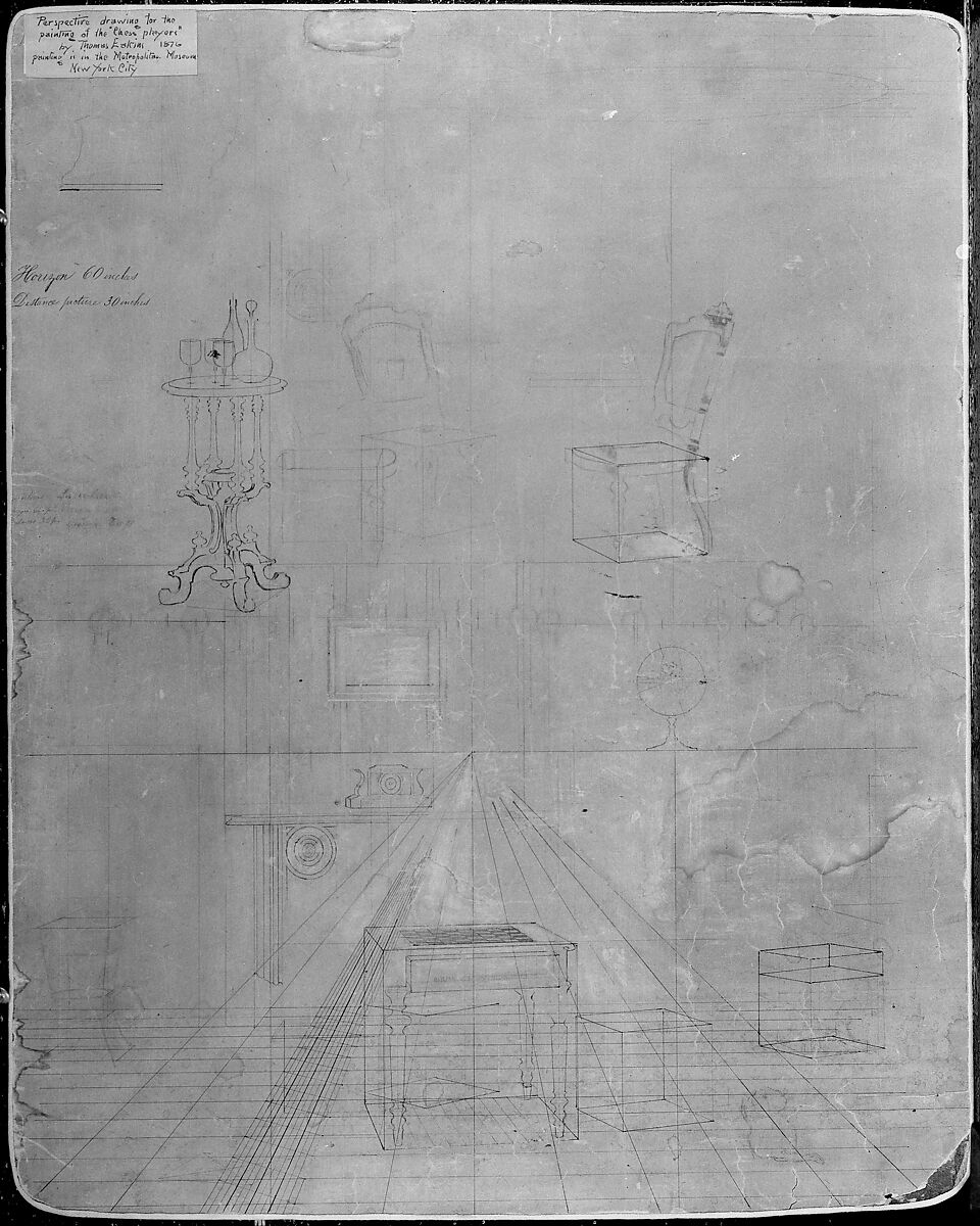Perspective Drawing for the "Chess Players", Thomas Eakins (American, Philadelphia, Pennsylvania 1844–1916 Philadelphia, Pennsylvania), Graphite and ink on cardboard, American