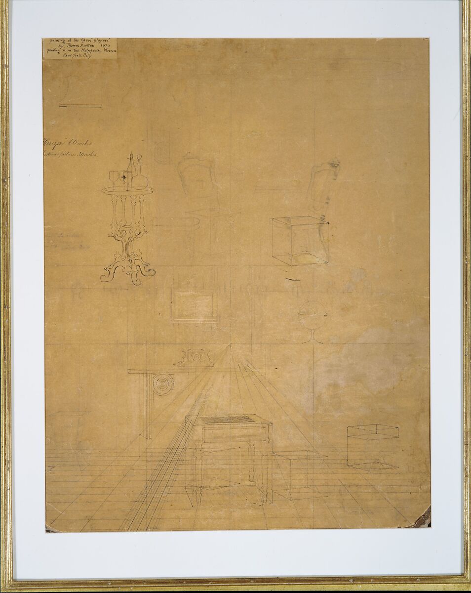 Perspective Drawing for the "Chess Players", Thomas Eakins (American, Philadelphia, Pennsylvania 1844–1916 Philadelphia, Pennsylvania), Graphite and ink on cardboard, American 