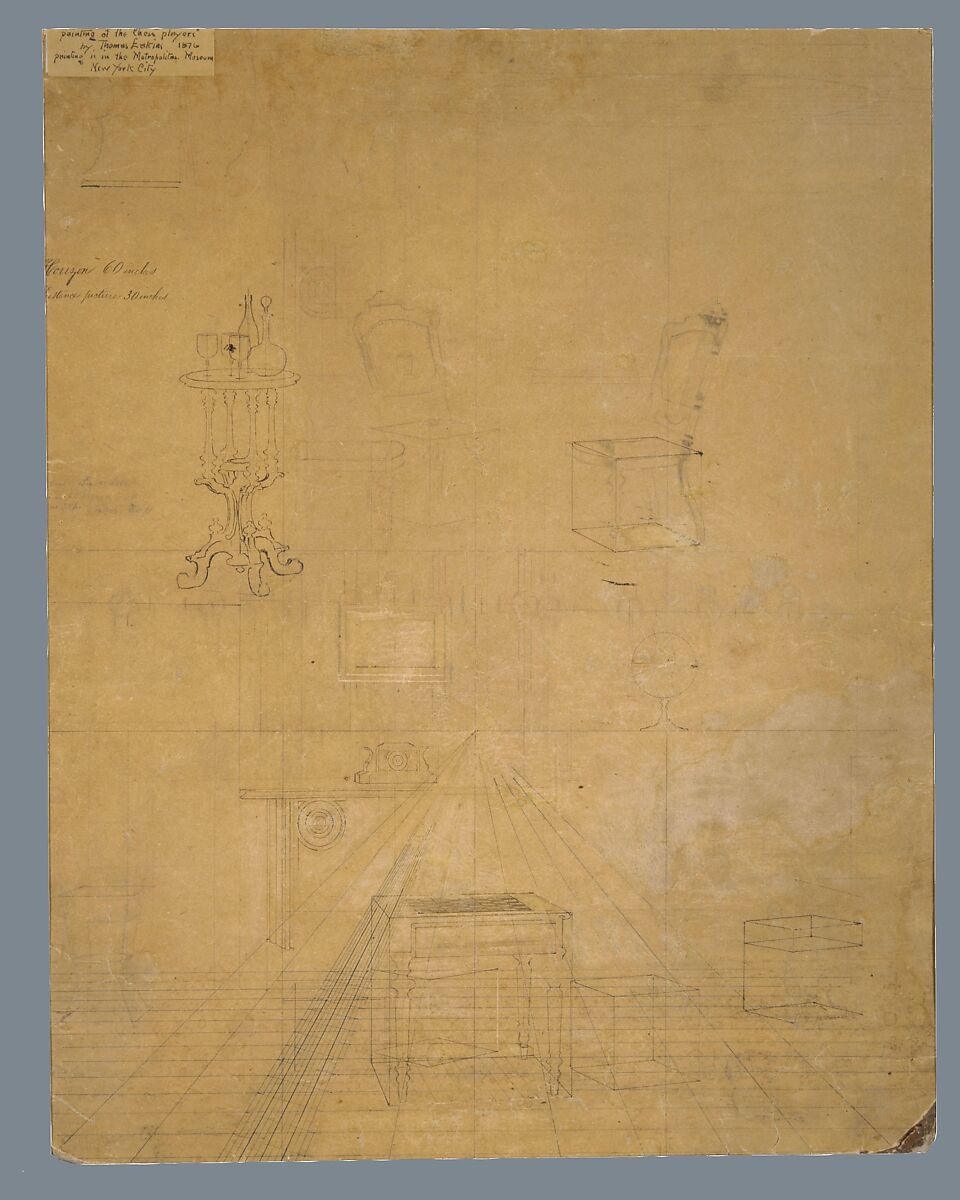 Perspective Drawing for the "Chess Players", Thomas Eakins (American, Philadelphia, Pennsylvania 1844–1916 Philadelphia, Pennsylvania), Graphite and ink on cardboard, American