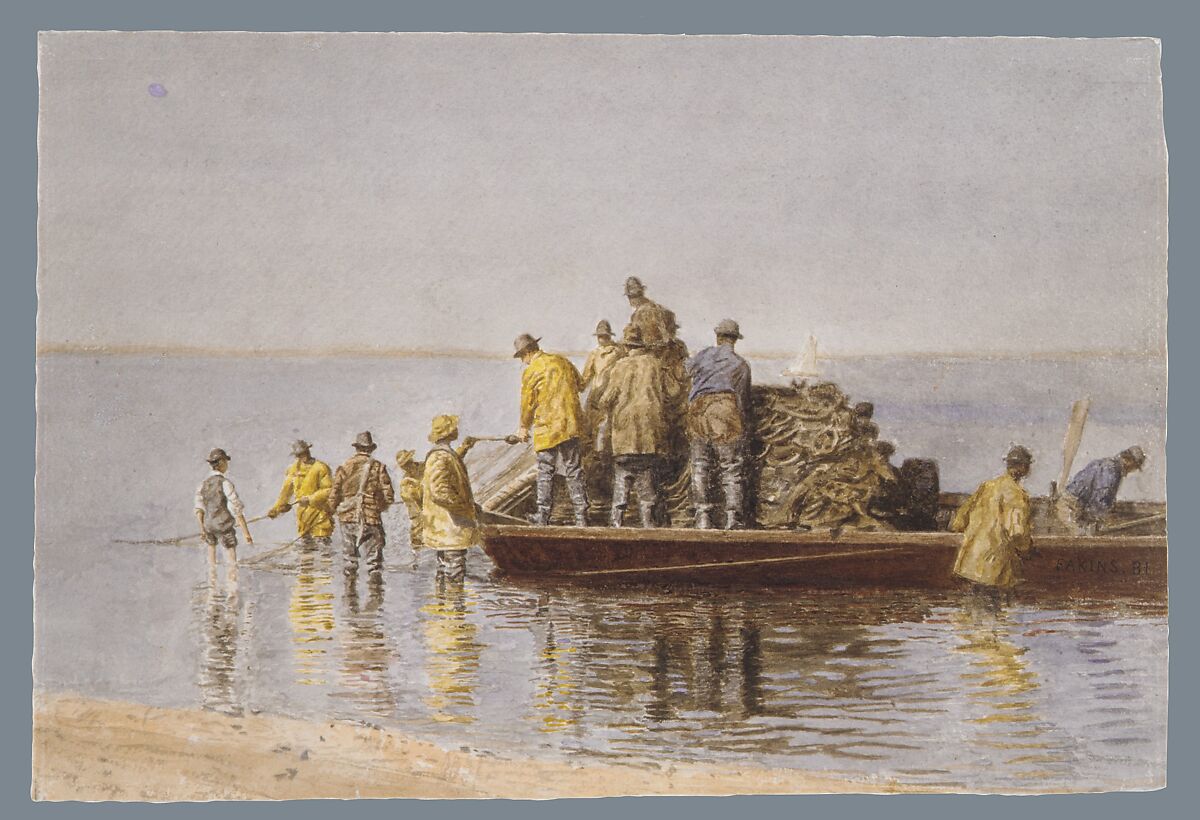 Taking Up the Net, Thomas Eakins (American, Philadelphia, Pennsylvania 1844–1916 Philadelphia, Pennsylvania), Watercolor on off-white wove paper, American