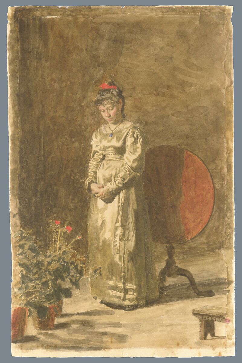 Young Girl Meditating, Thomas Eakins (American, Philadelphia, Pennsylvania 1844–1916 Philadelphia, Pennsylvania), Watercolor and gouache on off-white wove paper, American