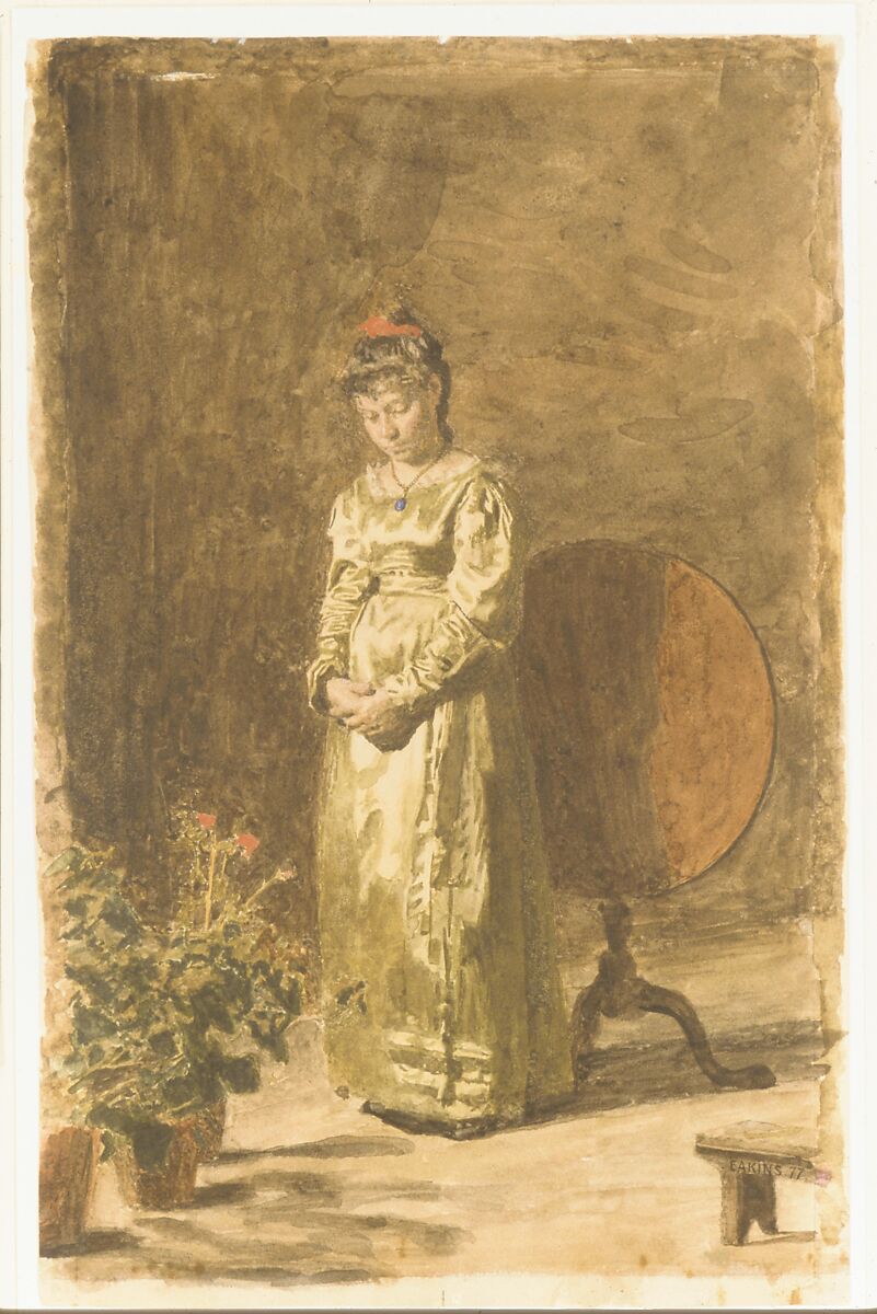 Young Girl Meditating, Thomas Eakins (American, Philadelphia, Pennsylvania 1844–1916 Philadelphia, Pennsylvania), Watercolor and gouache on off-white wove paper, American