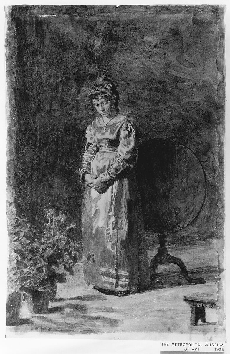 Young Girl Meditating, Thomas Eakins (American, Philadelphia, Pennsylvania 1844–1916 Philadelphia, Pennsylvania), Watercolor and gouache on off-white wove paper, American