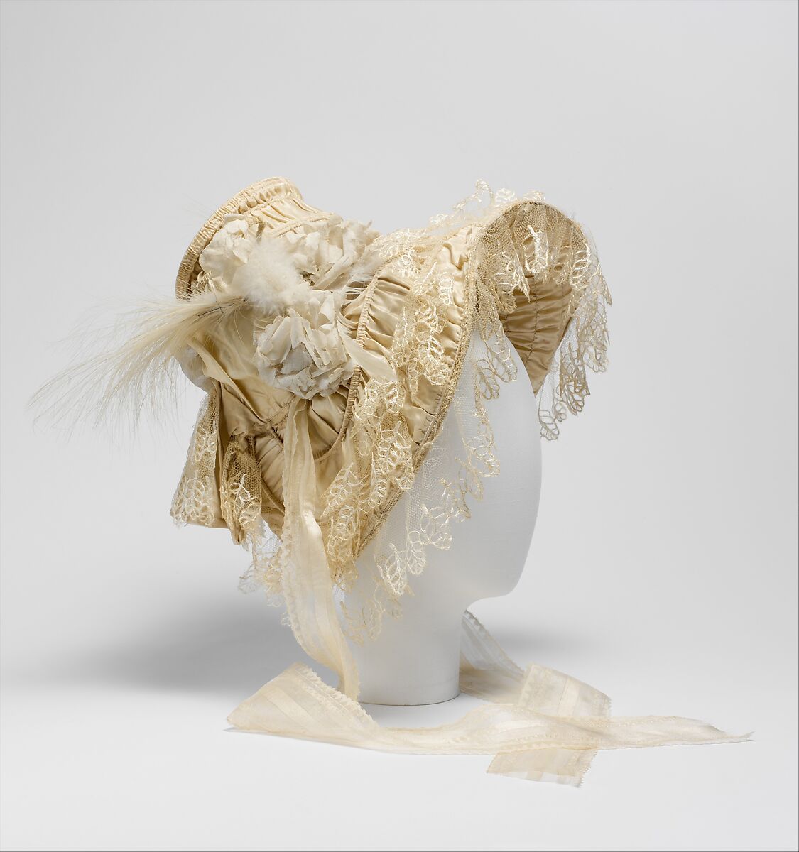 Bonnet, silk, feathers, French 