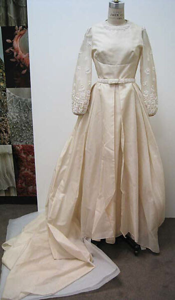 Wedding dress, Mainbocher (French and American, founded 1930), a,b) silk, pearl; c) silk, pearl, plastic; d) silk, plastic, American 