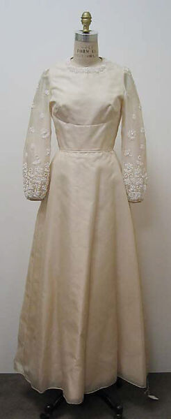Wedding dress, Mainbocher (French and American, founded 1930), a,b) silk, pearl; c) silk, pearl, plastic; d) silk, plastic, American