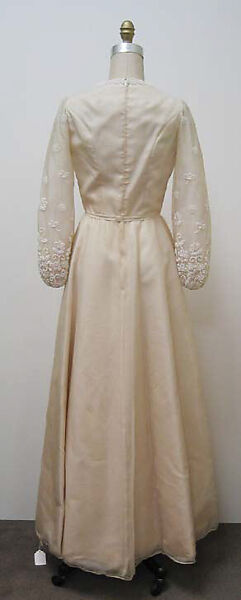 Wedding dress, Mainbocher (French and American, founded 1930), a,b) silk, pearl; c) silk, pearl, plastic; d) silk, plastic, American