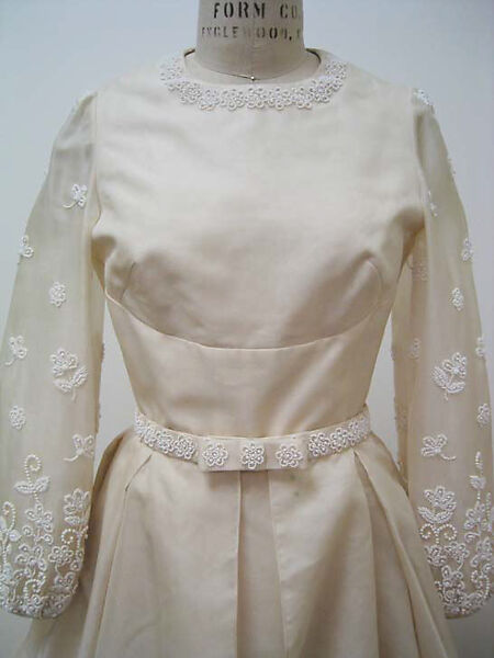 Wedding dress, Mainbocher (French and American, founded 1930), a,b) silk, pearl; c) silk, pearl, plastic; d) silk, plastic, American