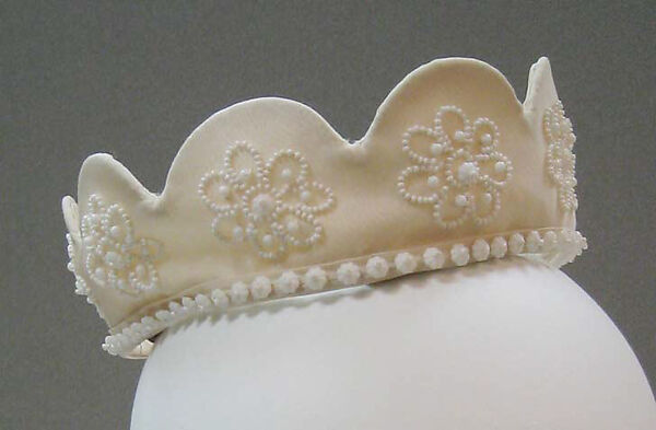 Wedding dress, Mainbocher (French and American, founded 1930), a,b) silk, pearl; c) silk, pearl, plastic; d) silk, plastic, American