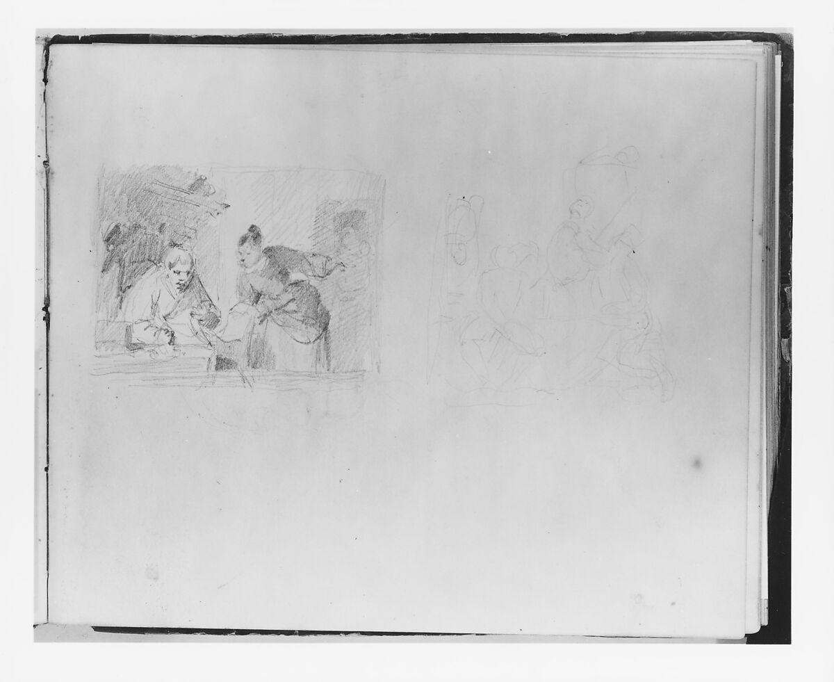 Sketchbook of Figure and Landscape Subjects, Francis William Edmonds (American, Hudson, New York 1806–1863 Bronxville, New York), Drawings in graphite and pen and brown ink on off-white wove paper, bound in marbled paper with leather spine and corners, American