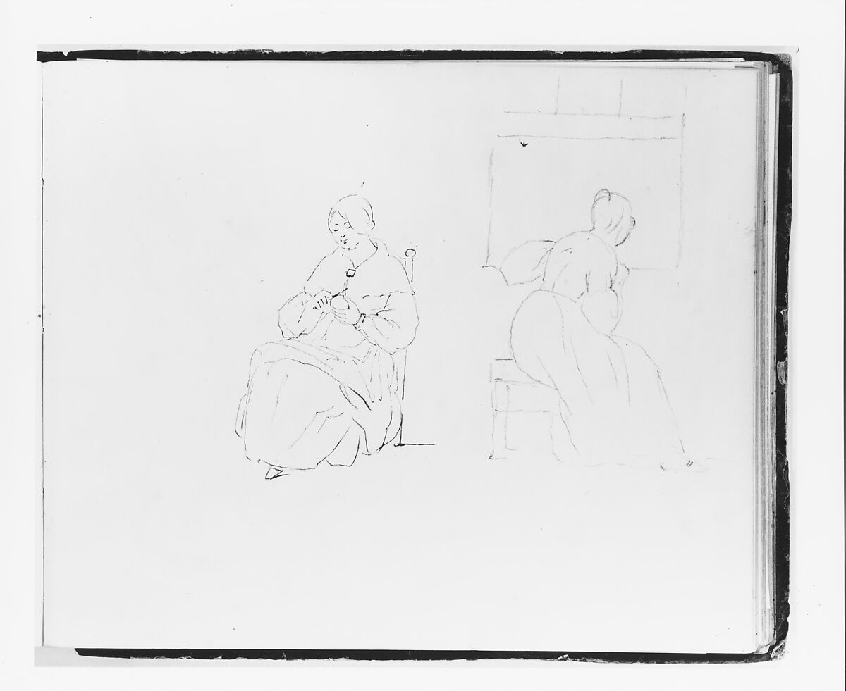 Sketchbook of Figure and Landscape Subjects, Francis William Edmonds (American, Hudson, New York 1806–1863 Bronxville, New York), Drawings in graphite and pen and brown ink on off-white wove paper, bound in marbled paper with leather spine and corners, American