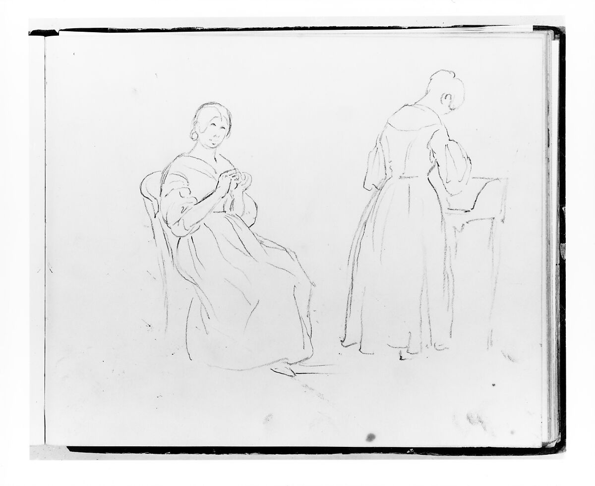 Sketchbook of Figure and Landscape Subjects, Francis William Edmonds (American, Hudson, New York 1806–1863 Bronxville, New York), Drawings in graphite and pen and brown ink on off-white wove paper, bound in marbled paper with leather spine and corners, American