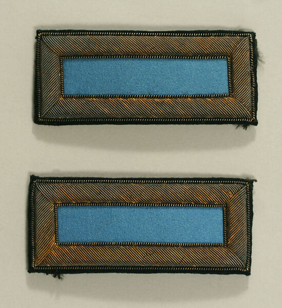 Military uniform, (a), (b) wool
(c) wool, leather, metal thread
(d) leather, metal thread
(e), ( f) medium unknown
(g) metal thread, American