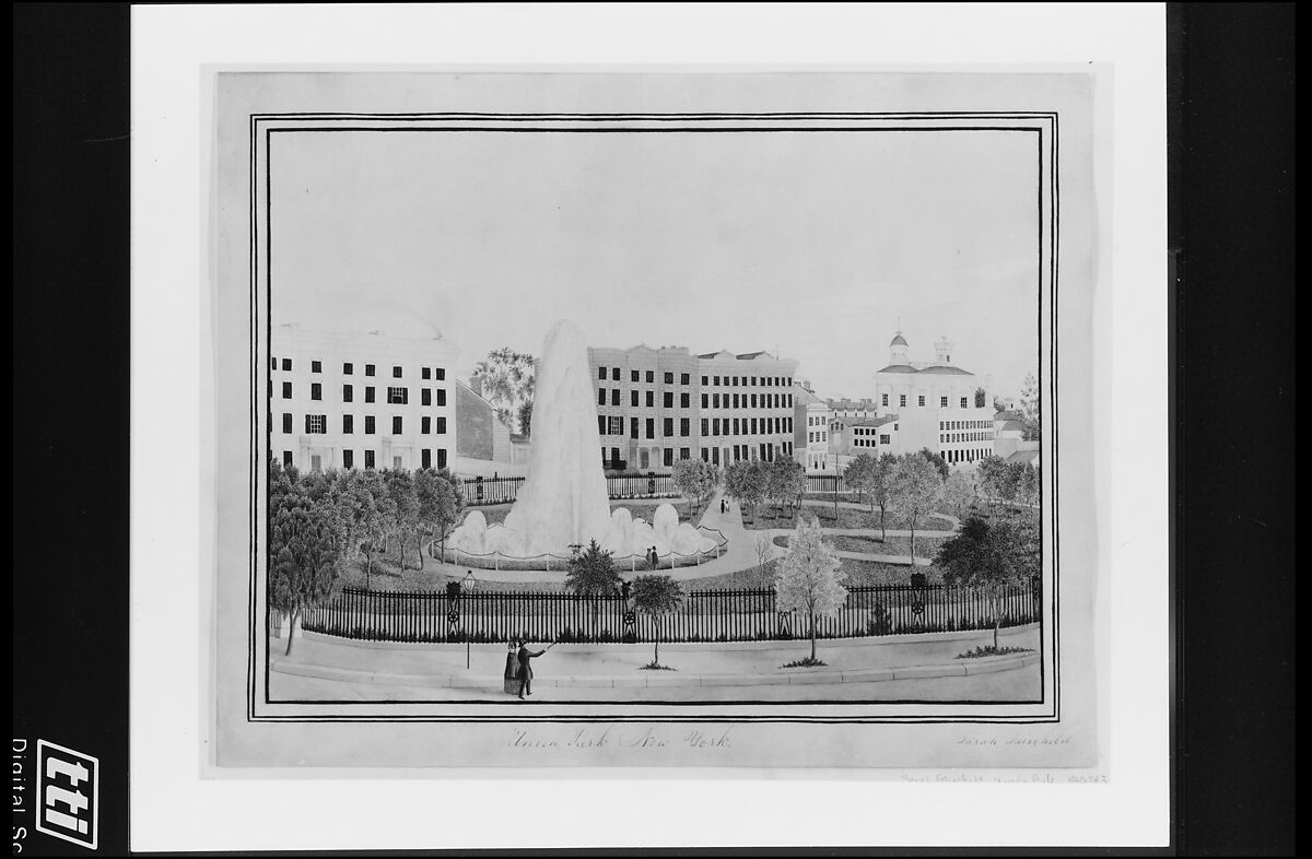 Union Park, New York, Sarah Fairchild (active 1840s), Watercolor, gouache, pen and ink, and graphite on off-white wove paper, American