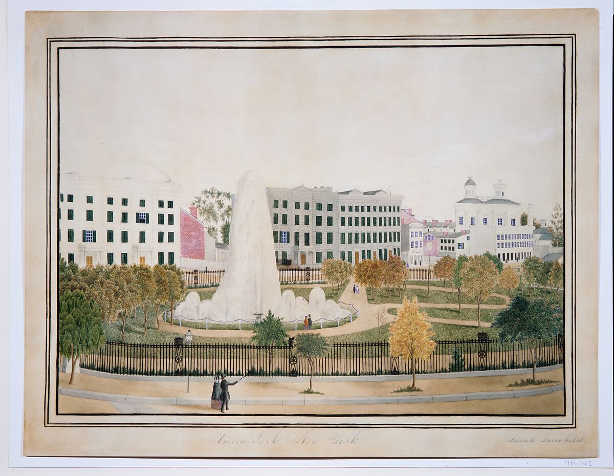 Union Park, New York, Sarah Fairchild (active 1840s), Watercolor, gouache, pen and ink, and graphite on off-white wove paper, American