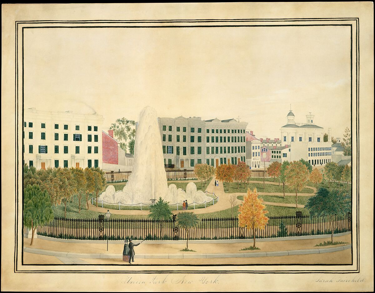 Union Park, New York, Sarah Fairchild (active 1840s), Watercolor, gouache, pen and ink, and graphite on off-white wove paper, American 