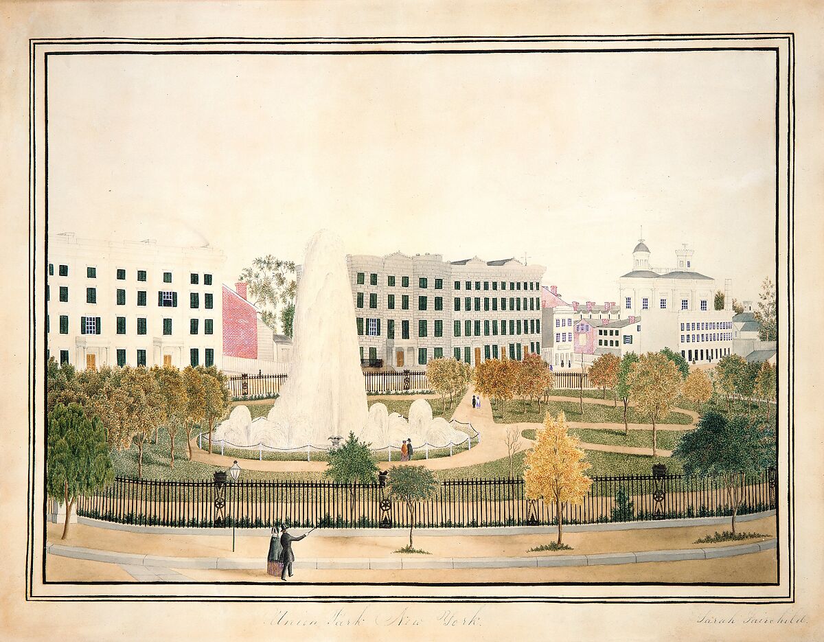 Union Park, New York, Sarah Fairchild (active 1840s), Watercolor, gouache, pen and ink, and graphite on off-white wove paper, American