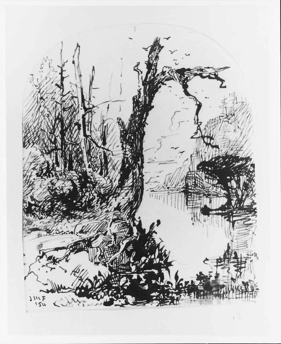 Lake Scene with Trees (from Cropsey Album), John Mackie Falconer (American, Edinburgh 1820–1903 New York), Pen and brown ink on white wove paper, American
