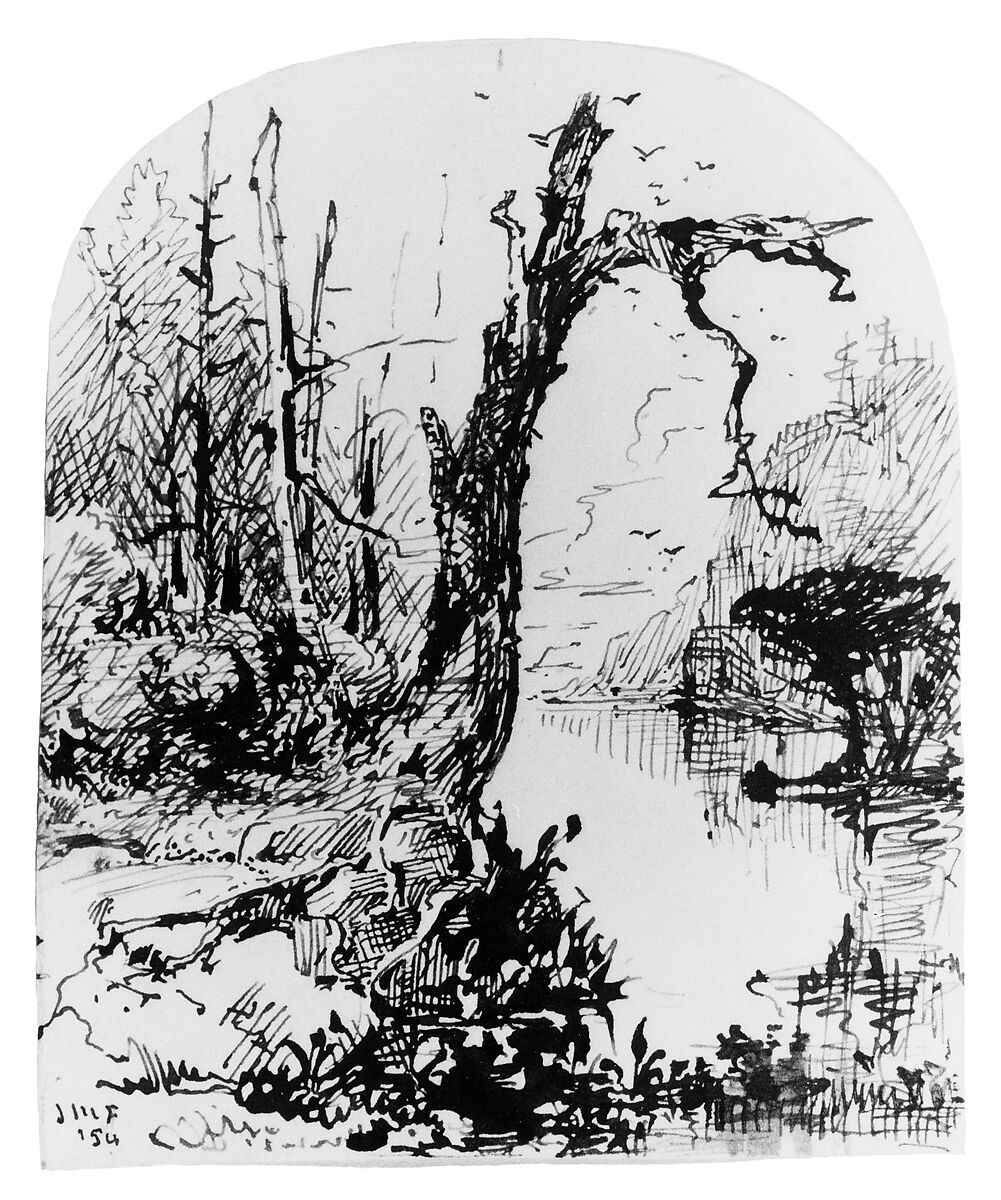 Lake Scene with Trees (from Cropsey Album), John Mackie Falconer (American, Edinburgh 1820–1903 New York), Pen and brown ink on white wove paper, American 