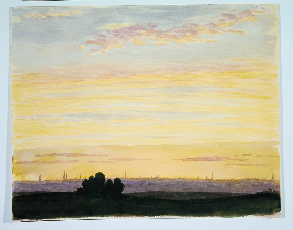 City and Sunset, Henry Farrer (American, London 1844–1903 New York), Watercolor on off-white wove paper, American