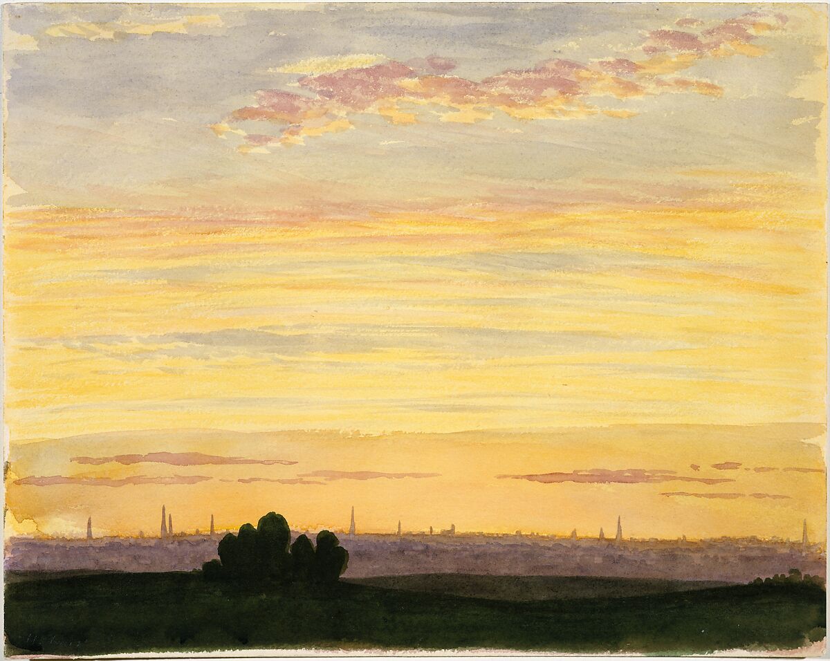 City and Sunset, Henry Farrer (American, London 1844–1903 New York), Watercolor on off-white wove paper, American 