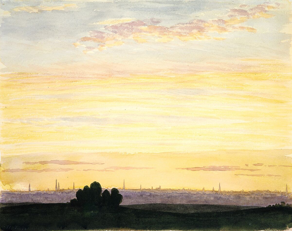 City and Sunset, Henry Farrer (American, London 1844–1903 New York), Watercolor on off-white wove paper, American