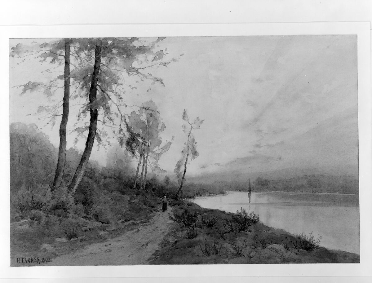Woman Walking beside a River, Henry Farrer (American, London 1844–1903 New York), Watercolor and graphite on white wove paper, American