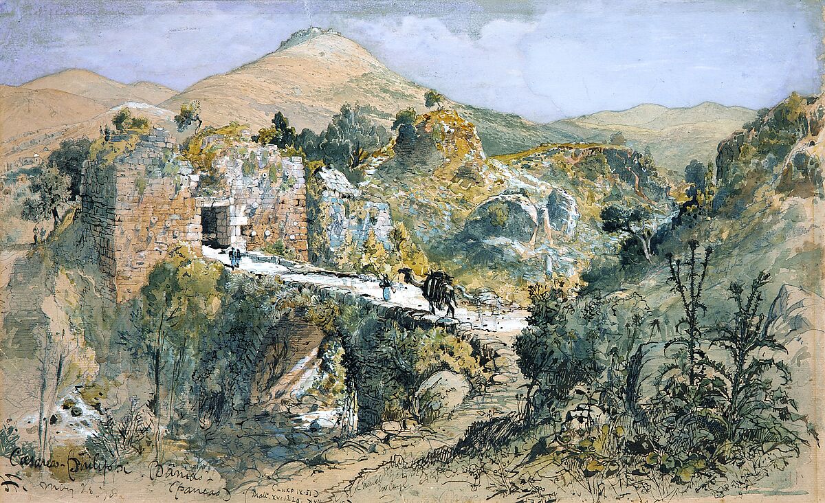 Caesarea Philippi (Banias), Harry Fenn (American (born England), Surrey 1845–1911 Montclair, New Jersey), Watercolor, gouache, brown ink, and graphite on light brown wove paper, American