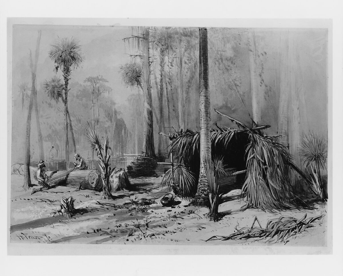 The Cypress-Shingle Yard, Ocklawaha River, Florida, Harry Fenn (American (born England), Surrey 1845–1911 Montclair, New Jersey), Watercolor, gouache, graphite, and gum arabic on light tan wove paper, American