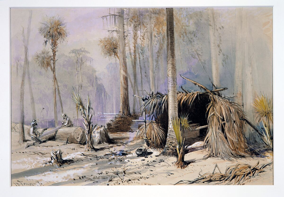 The Cypress-Shingle Yard, Ocklawaha River, Florida, Harry Fenn (American (born England), Surrey 1845–1911 Montclair, New Jersey), Watercolor, gouache, graphite, and gum arabic on light tan wove paper, American