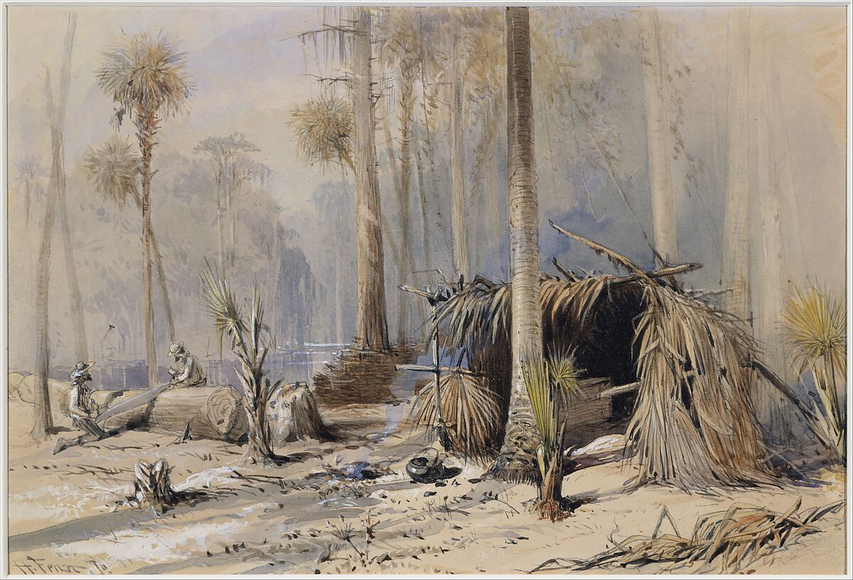 The Cypress-Shingle Yard, Ocklawaha River, Florida, Harry Fenn (American (born England), Surrey 1845–1911 Montclair, New Jersey), Watercolor, gouache, graphite, and gum arabic on light tan wove paper, American 