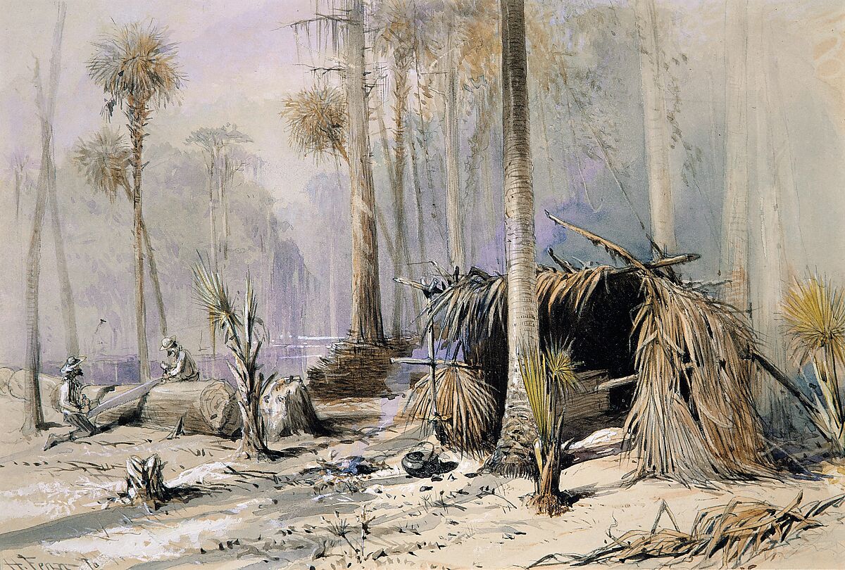 The Cypress-Shingle Yard, Ocklawaha River, Florida, Harry Fenn (American (born England), Surrey 1845–1911 Montclair, New Jersey), Watercolor, gouache, graphite, and gum arabic on light tan wove paper, American