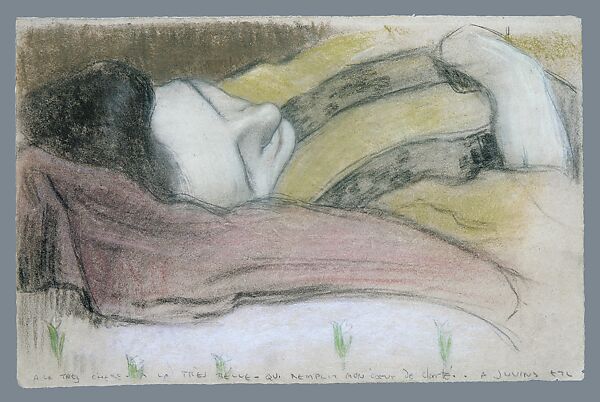 Woman Asleep on Pillow, Kenneth Frazier (1867–1949), Pastel on gray paper, American