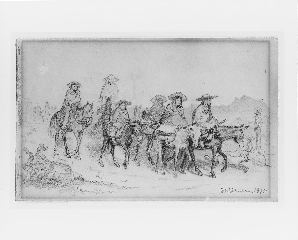 Mexicans Travelling in the Desert, Frederick Warren Freer (American, Kennicott's Grove, Illinois 1849–1908 Chicago, Illinois), Graphite and colored wax pencil on tan wove paper, American