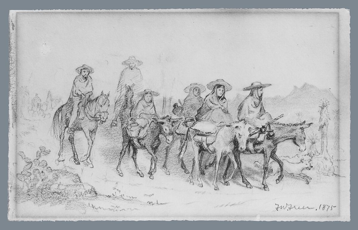 Mexicans Travelling in the Desert, Frederick Warren Freer (American, Kennicott&#39;s Grove, Illinois 1849–1908 Chicago, Illinois), Graphite and colored wax pencil on tan wove paper, American 