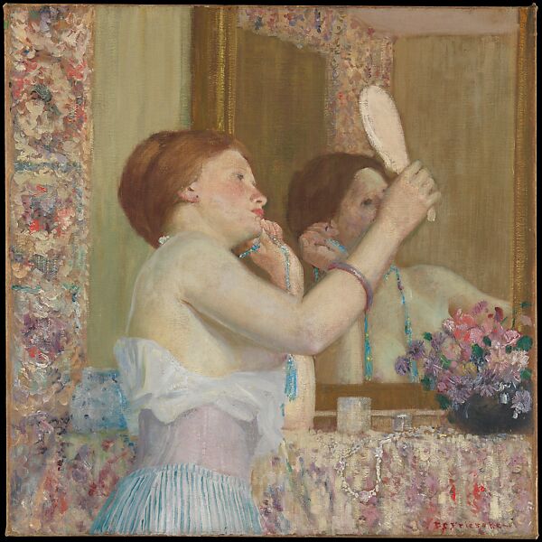 Woman with a Mirror (Femme qui se mire), Frederick Carl Frieseke (1874–1939), Oil on canvas, American 